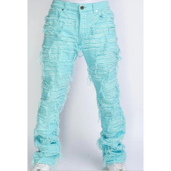 Politics Debris 503 Distressed Fringe Aqua Flare Jeans -  Size 36 - Picture 1 of 6